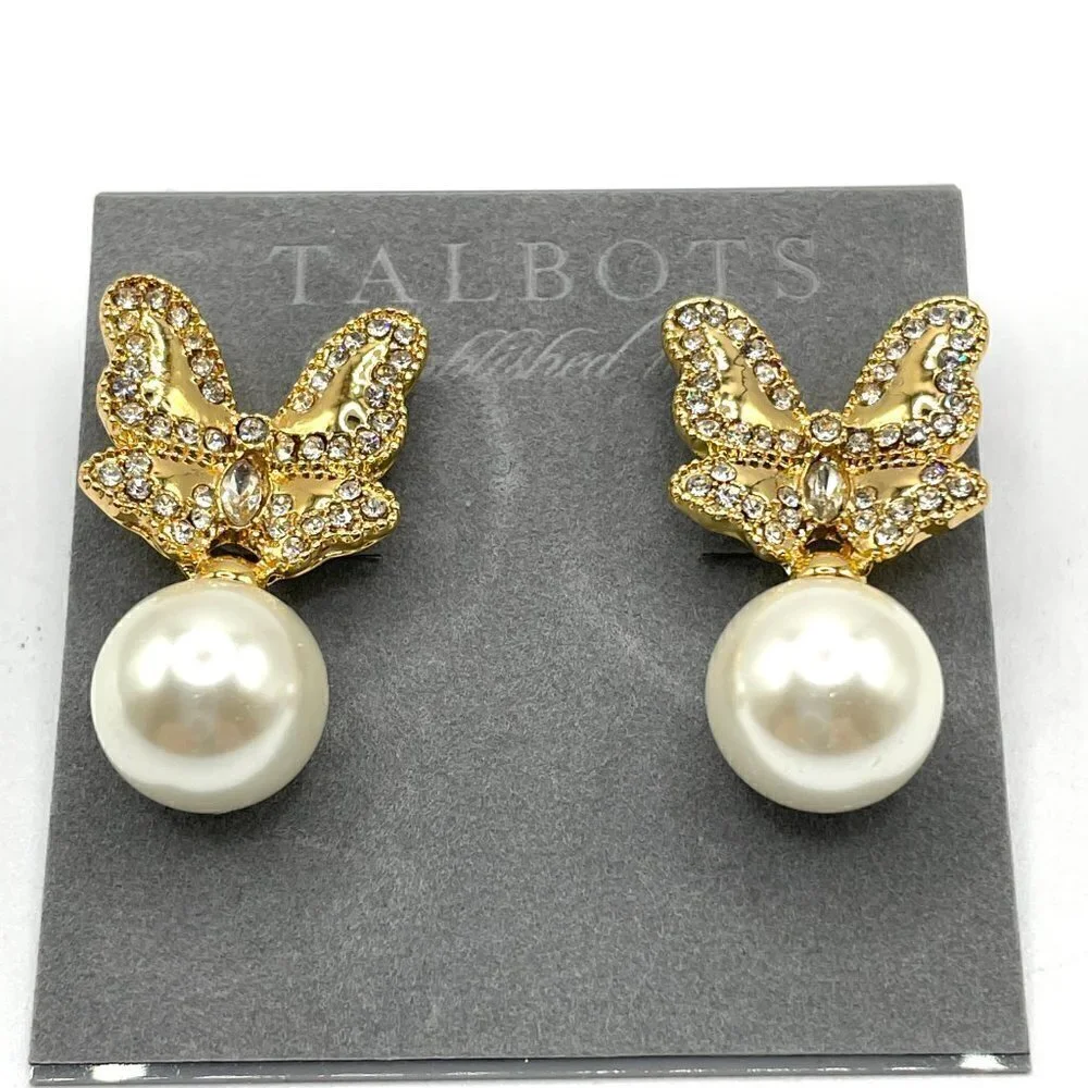 NWT Talbots Gold Pave Butterfly Round Pearl Drop Pierced Earrings